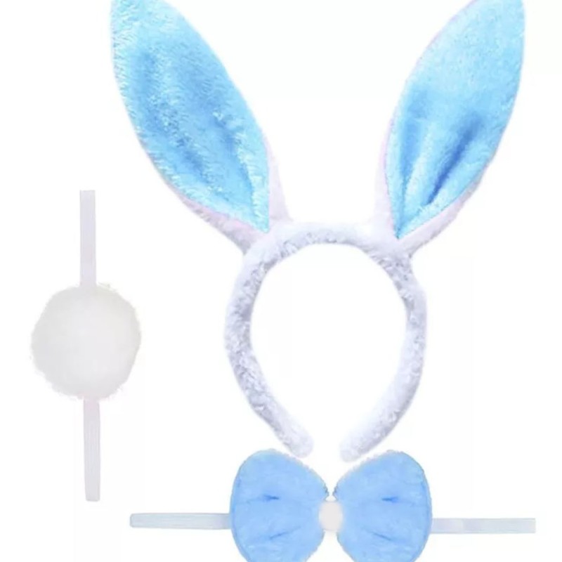 Tavşan Kostüm Seti Mavi Renk - Taç, Papyon, Ponpon, Kuyruk