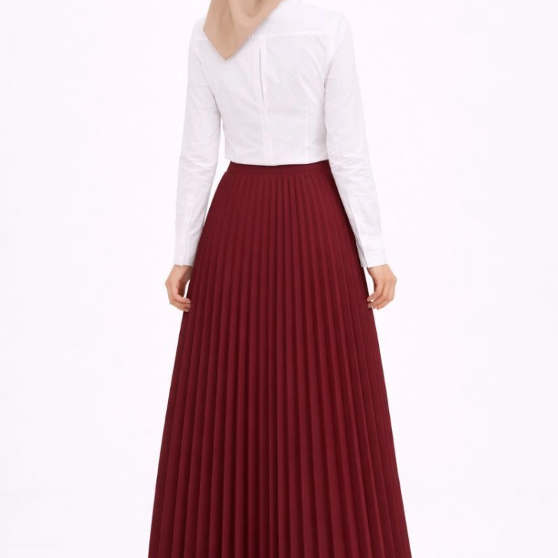 Tesettür Beyaz Gömlekli Pliseli Etek İkili Takım Gündelik ve Ofis Şıklığı - Bordo