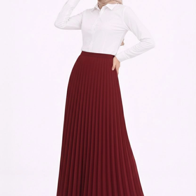 Tesettür Beyaz Gömlekli Pliseli Etek İkili Takım Gündelik ve Ofis Şıklığı - Bordo