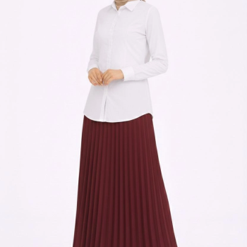 Tesettür Beyaz Gömlekli Pliseli Etek İkili Takım Gündelik ve Ofis Şıklığı - Bordo