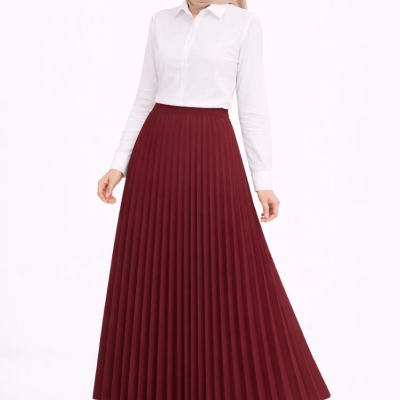 Tesettür Beyaz Gömlekli Pliseli Etek İkili Takım Gündelik ve Ofis Şıklığı - Bordo