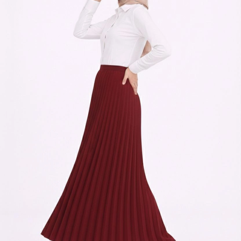 Tesettür Beyaz Gömlekli Pliseli Etek İkili Takım Gündelik ve Ofis Şıklığı - Bordo