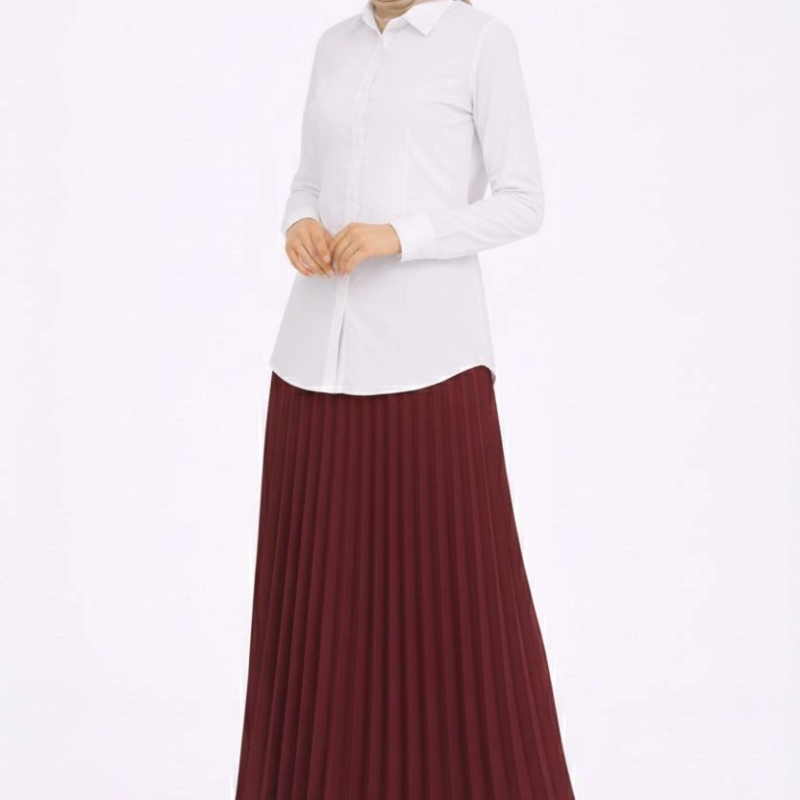 Tesettür Beyaz Gömlekli Pliseli Etek İkili Takım Gündelik ve Ofis Şıklığı - Bordo