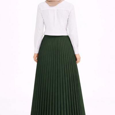 Tesettür Beyaz Gömlekli Pliseli Etek İkili Takım Gündelik ve Ofis Şıklığı - Çağla Yeşili
