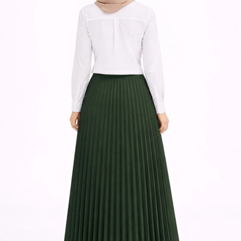 Tesettür Beyaz Gömlekli Pliseli Etek İkili Takım Gündelik ve Ofis Şıklığı - Çağla Yeşili