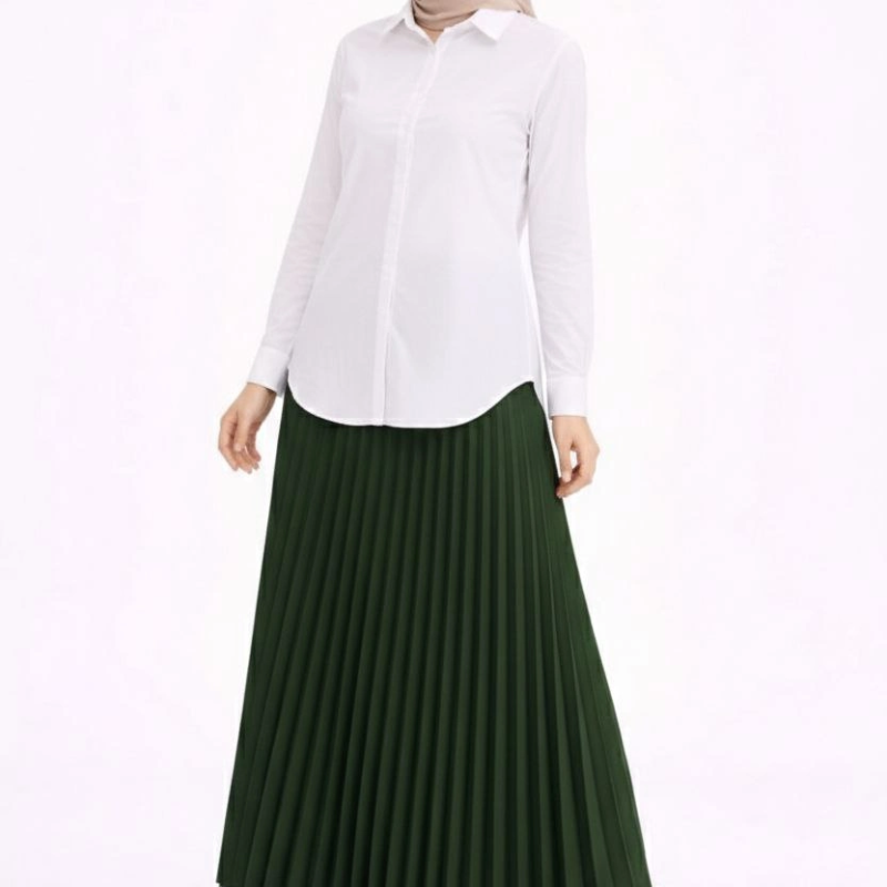 Tesettür Beyaz Gömlekli Pliseli Etek İkili Takım Gündelik ve Ofis Şıklığı - Çağla Yeşili