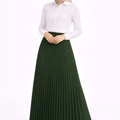 Tesettür Beyaz Gömlekli Pliseli Etek İkili Takım Gündelik ve Ofis Şıklığı - Çağla Yeşili