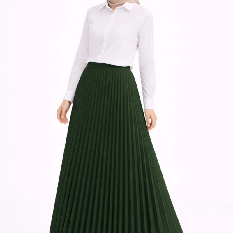 Tesettür Beyaz Gömlekli Pliseli Etek İkili Takım Gündelik ve Ofis Şıklığı - Çağla Yeşili