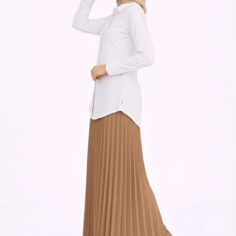 Tesettür Beyaz Gömlekli Pliseli Etek İkili Takım Gündelik ve Ofis Şıklığı - Kahverengi