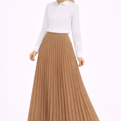 Tesettür Beyaz Gömlekli Pliseli Etek İkili Takım Gündelik ve Ofis Şıklığı - Kahverengi