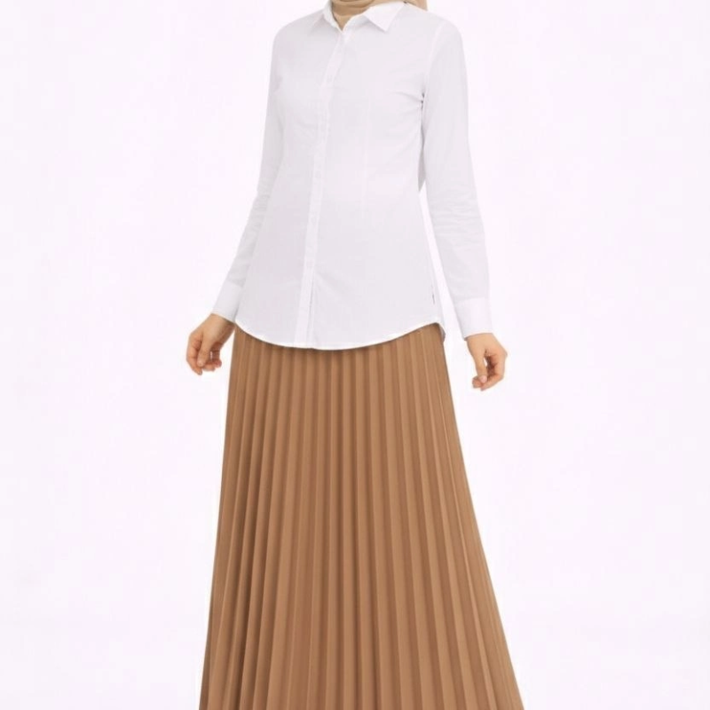 Tesettür Beyaz Gömlekli Pliseli Etek İkili Takım Gündelik ve Ofis Şıklığı - Kahverengi