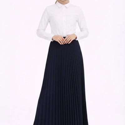 Tesettür Beyaz Gömlekli Pliseli Etek İkili Takım Gündelik ve Ofis Şıklığı - Lacivert
