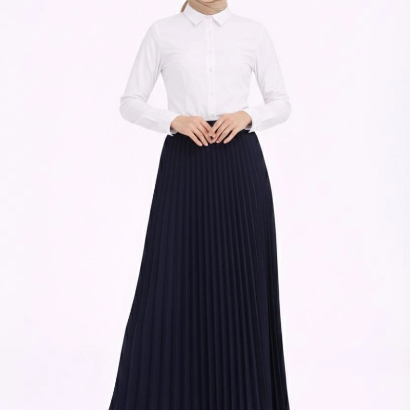 Tesettür Beyaz Gömlekli Pliseli Etek İkili Takım Gündelik ve Ofis Şıklığı - Lacivert