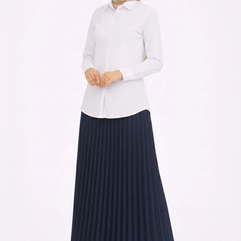Tesettür Beyaz Gömlekli Pliseli Etek İkili Takım Gündelik ve Ofis Şıklığı - Lacivert