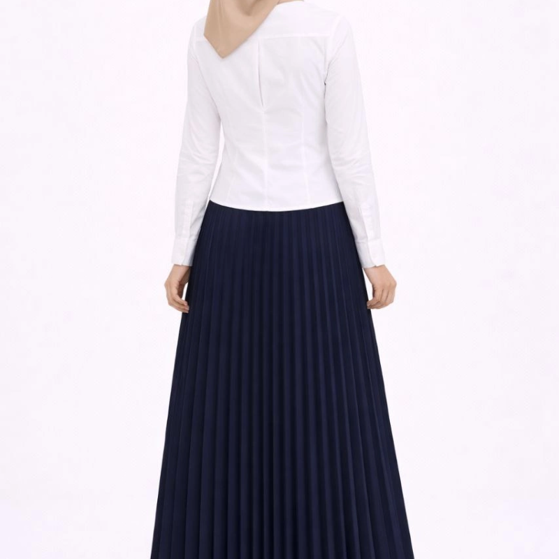Tesettür Beyaz Gömlekli Pliseli Etek İkili Takım Gündelik ve Ofis Şıklığı - Lacivert