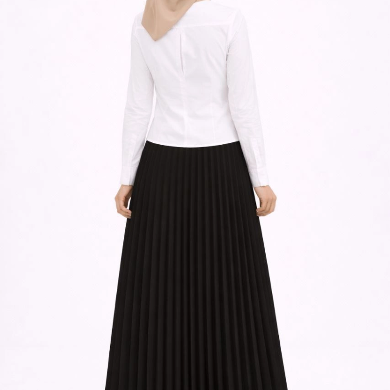 Tesettür Beyaz Gömlekli Pliseli Etek İkili Takım Gündelik ve Ofis Şıklığı - Siyah