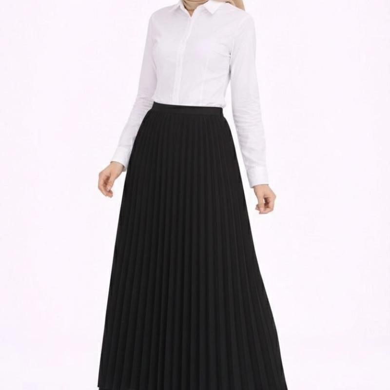 Tesettür Beyaz Gömlekli Pliseli Etek İkili Takım Gündelik ve Ofis Şıklığı - Siyah