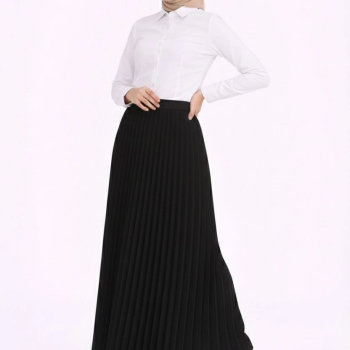 Tesettür Beyaz Gömlekli Pliseli Etek İkili Takım Gündelik ve Ofis Şıklığı - Siyah