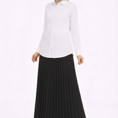 Tesettür Beyaz Gömlekli Pliseli Etek İkili Takım Gündelik ve Ofis Şıklığı - Siyah