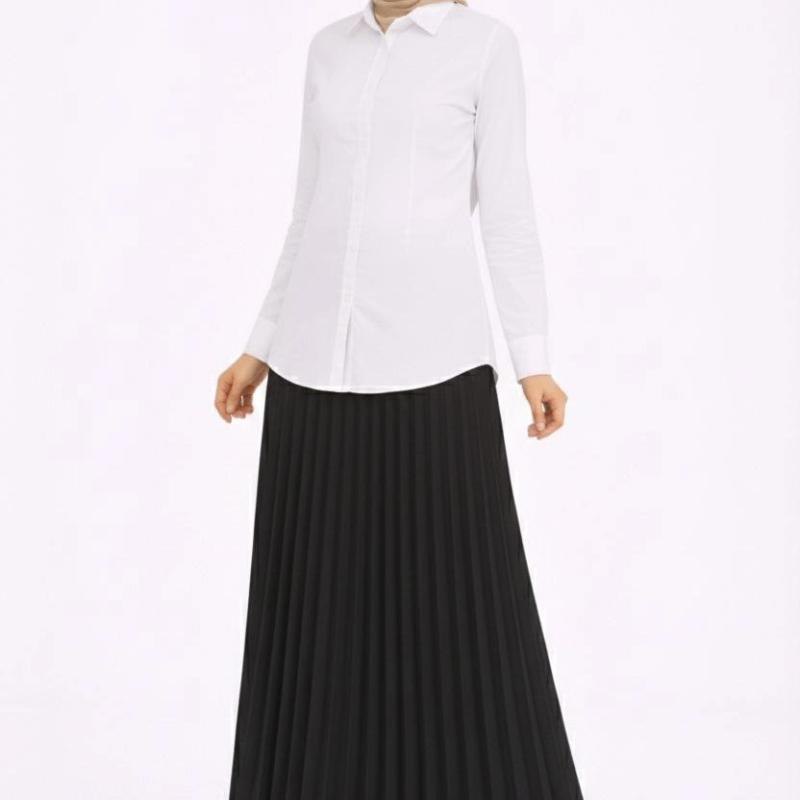 Tesettür Beyaz Gömlekli Pliseli Etek İkili Takım Gündelik ve Ofis Şıklığı - Siyah