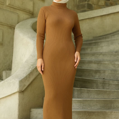 Tesettür Triko Elbise  Kahverengi -