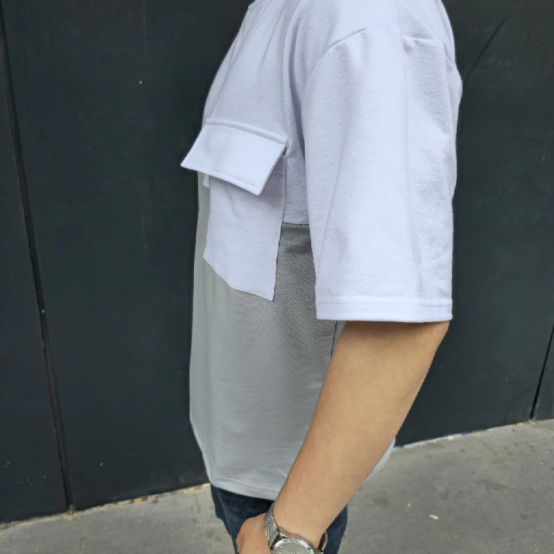 Torba Cep Detaylı Parçalı T-Shirt - Gri -