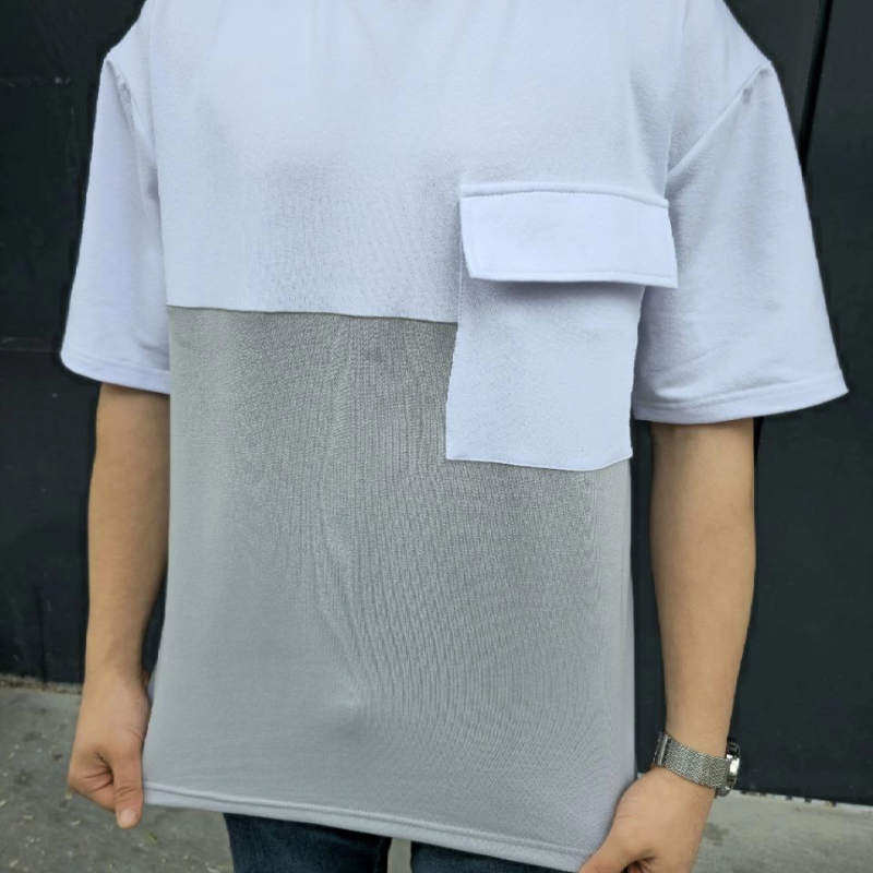 Torba Cep Detaylı Parçalı T-Shirt - Gri -