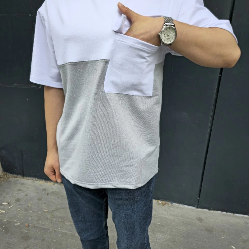 Torba Cep Detaylı Parçalı T-Shirt - Gri -