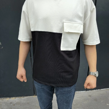 Torba Cep Detaylı Parçalı T-Shirt - Siyah -