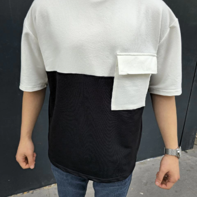 Torba Cep Detaylı Parçalı T-Shirt - Siyah -