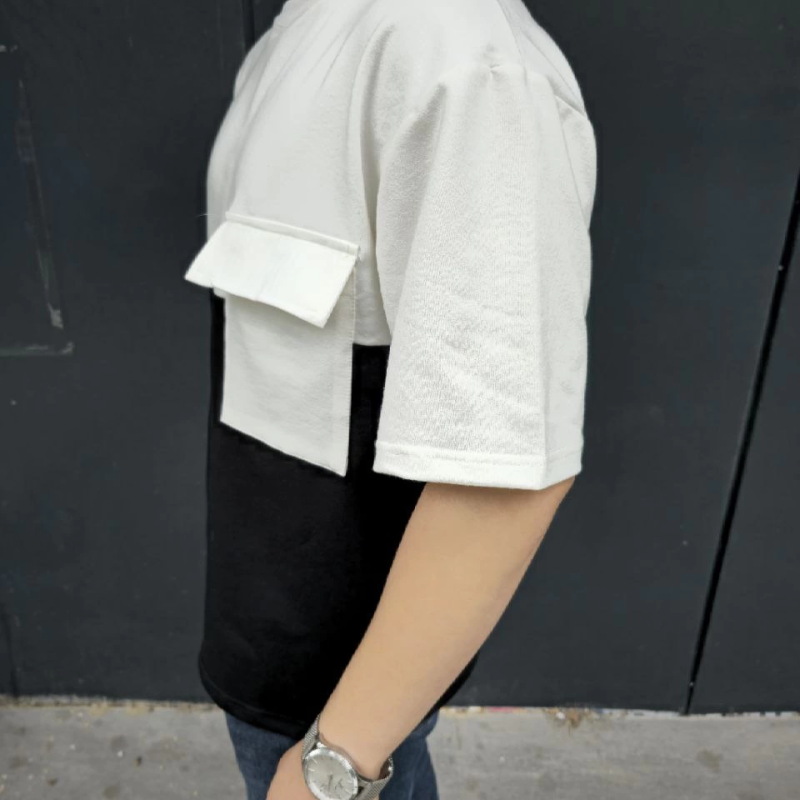 Torba Cep Detaylı Parçalı T-Shirt - Siyah -