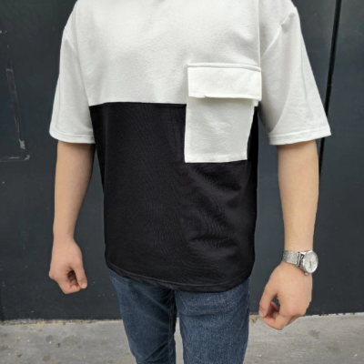 Torba Cep Detaylı Parçalı T-Shirt - Siyah -