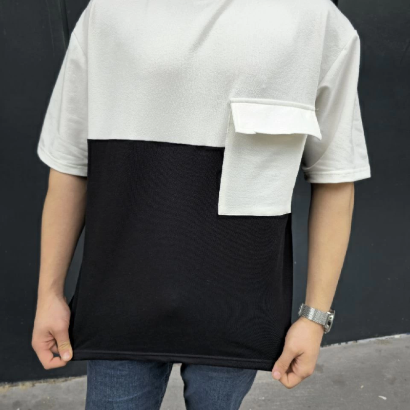 Torba Cep Detaylı Parçalı T-Shirt - Siyah -