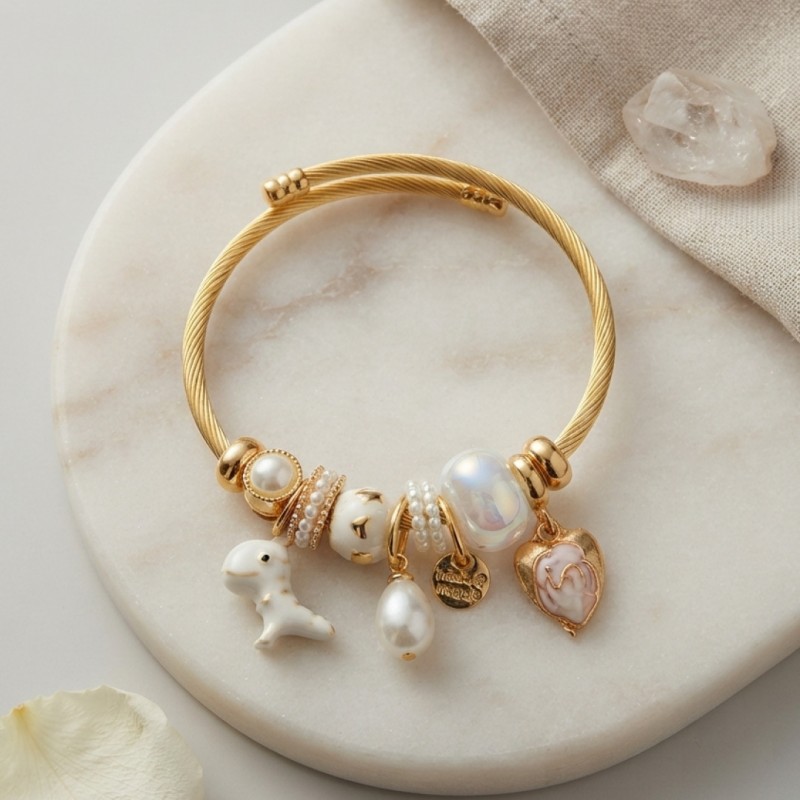 Trex ve Kalp Beyaz Charmlı Bileklik