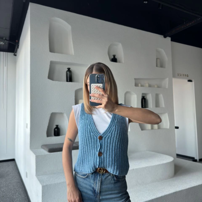 Triko Kolsuz Düğmeli Yelek - Mavi -