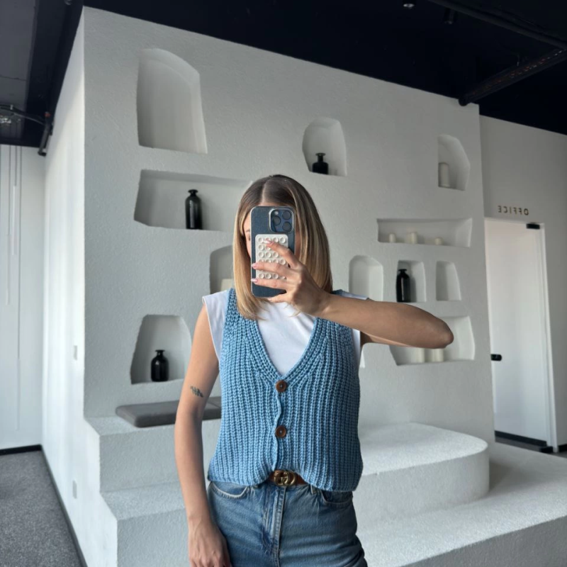 Triko Kolsuz Düğmeli Yelek - Mavi -