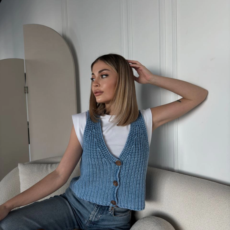 Triko Kolsuz Düğmeli Yelek - Mavi -