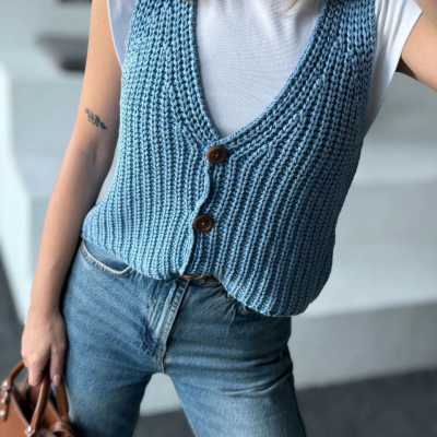 Triko Kolsuz Düğmeli Yelek - Mavi -