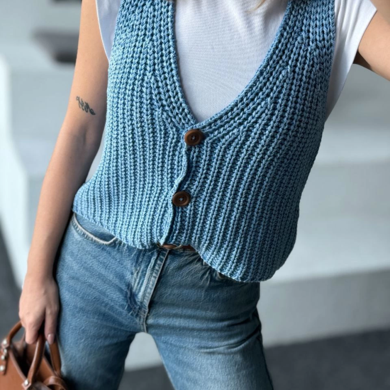 Triko Kolsuz Düğmeli Yelek - Mavi -