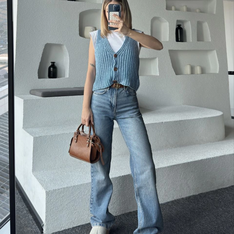 Triko Kolsuz Düğmeli Yelek - Mavi -