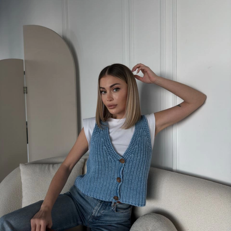 Triko Kolsuz Düğmeli Yelek - Mavi -