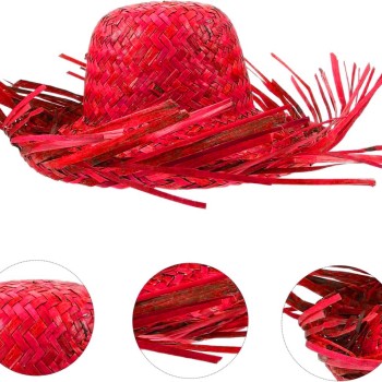 Tropikal Parti Kırmızı Hasır Hawaii Şapkası 