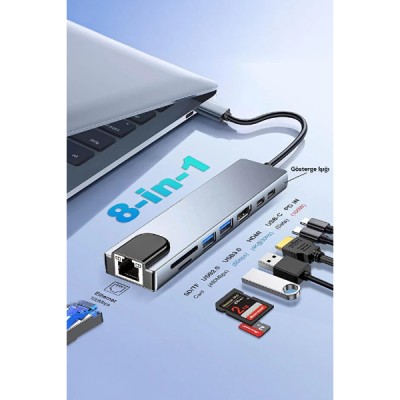 Type C Girişli 8 Port Dönüştürücü Ve Çoklayıcı