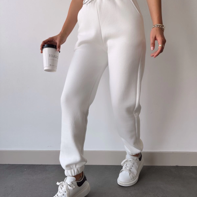 Üç İplik Basic Lastikli Eşofman Pantolon - Beyaz