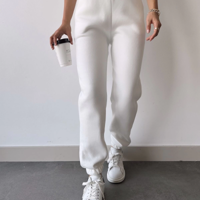 Üç İplik Basic Lastikli Eşofman Pantolon - Beyaz