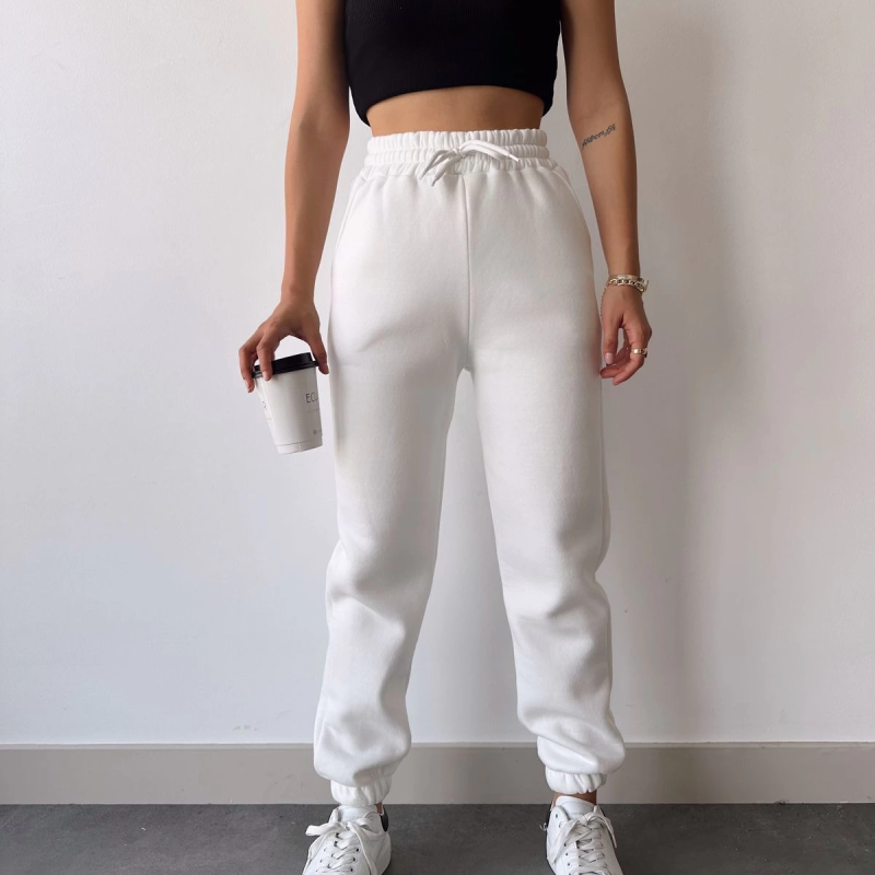 Üç İplik Basic Lastikli Eşofman Pantolon - Beyaz