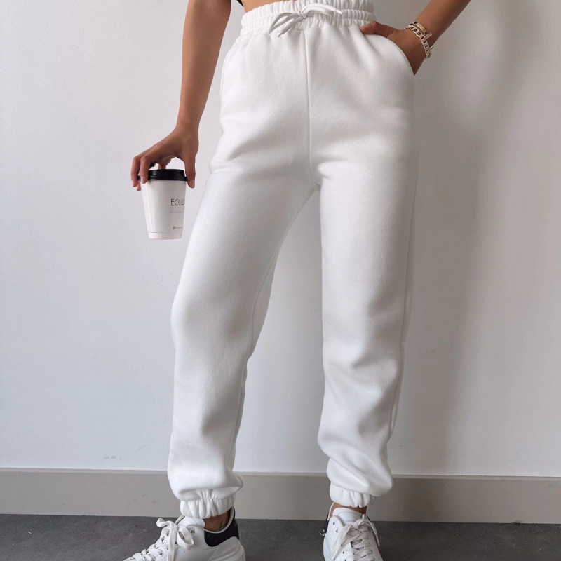 Üç İplik Basic Lastikli Eşofman Pantolon - Beyaz