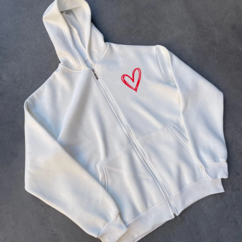 Üç İplik Baskılı Fermuarlı Kapüşonlu Hırka - Beyaz