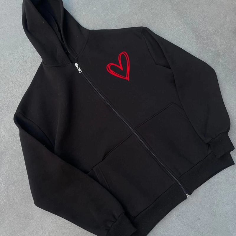 Üç İplik Baskılı Fermuarlı Kapüşonlu Hırka - Siyah -