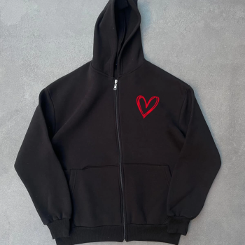 Üç İplik Baskılı Fermuarlı Kapüşonlu Hırka - Siyah -